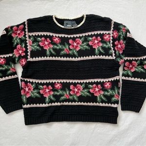Vtg Lizwear Black Pink Floral Grandma CottageCore Sweater